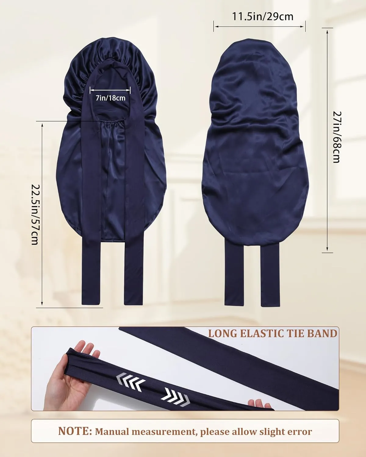 AWAYTR Long Silk Bonnet for Sleeping - 100% Mulberry Silk Bonnet for Women Long Hair Sleep Cap with Elastic Tie Band (Navy Blue)