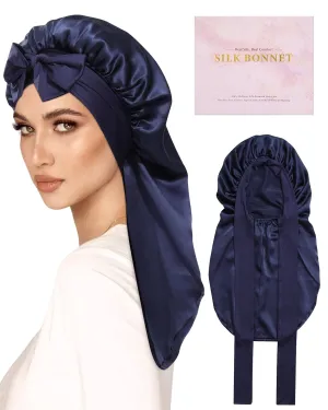 AWAYTR Long Silk Bonnet for Sleeping - 100% Mulberry Silk Bonnet for Women Long Hair Sleep Cap with Elastic Tie Band (Navy Blue)
