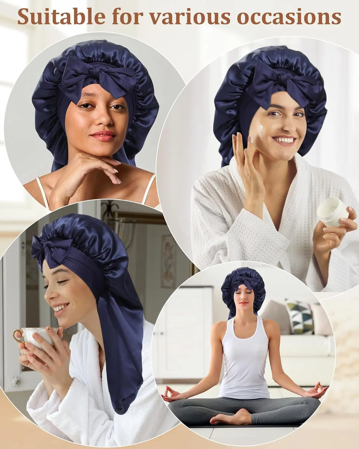 AWAYTR Long Silk Bonnet for Sleeping - 100% Mulberry Silk Bonnet for Women Long Hair Sleep Cap with Elastic Tie Band (Navy Blue)