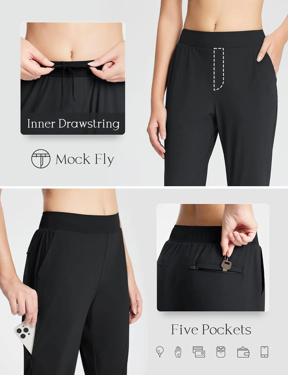 baleaf Women's Golf Pants Petite Stretch Lightweight 7/8 Travel Pants Zip Pockets Casual Work Ankle