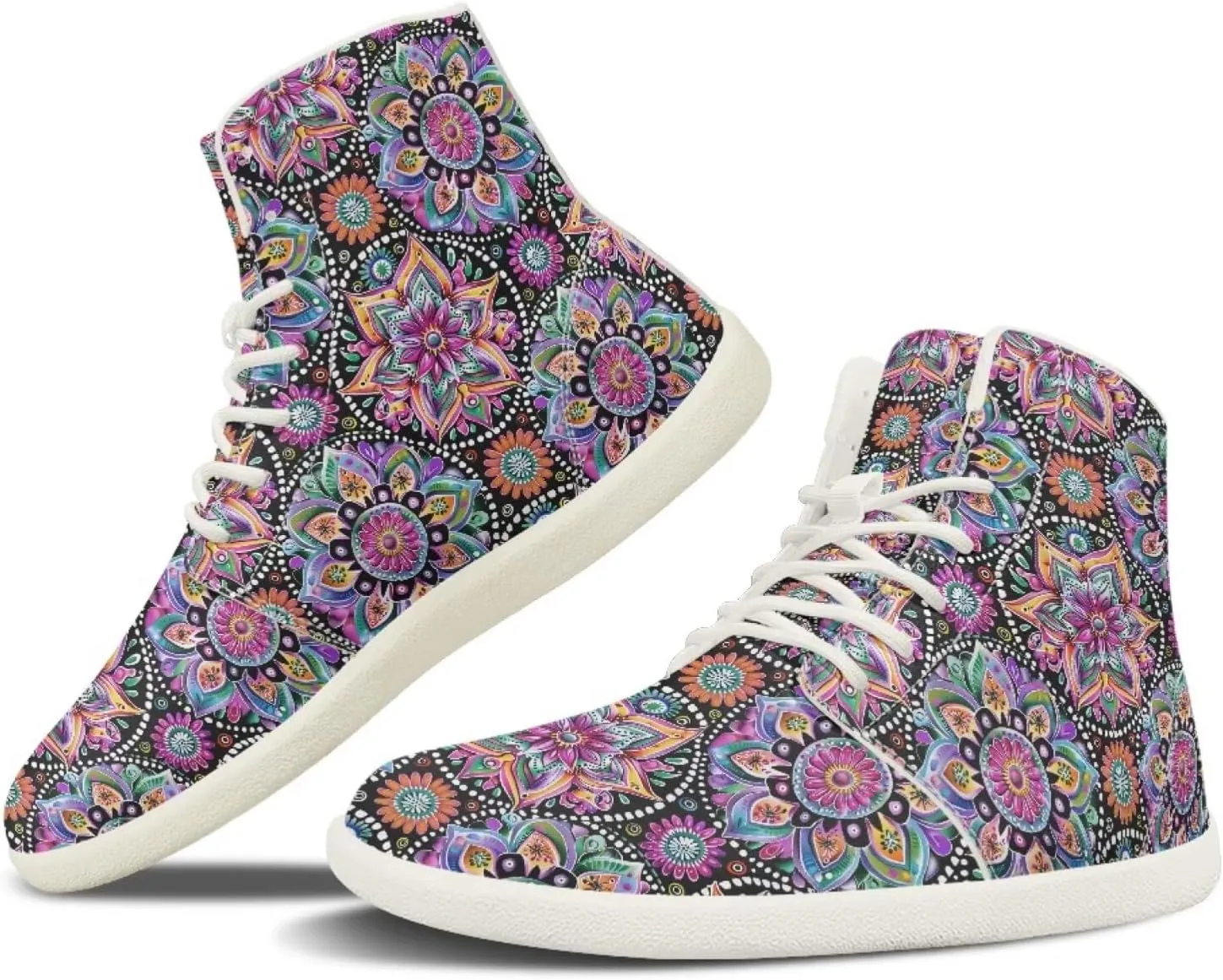 Barefoot Minimalist Shoes Mandala Style Women Wide Width Fashion Sneaker Non-Slip Sneakers Lightweight PU Leather