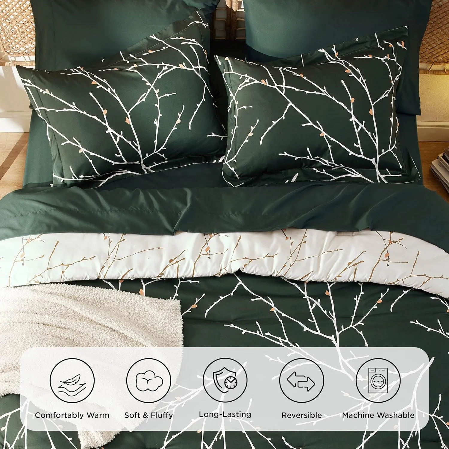 Bedsure Full Comforter Sets - 7 Pieces Floral Dark Green Bed Set, Tree Branch Pattern Printed Bed in a Bag Full with Comforter, Sheets, Pillowcases & Shams