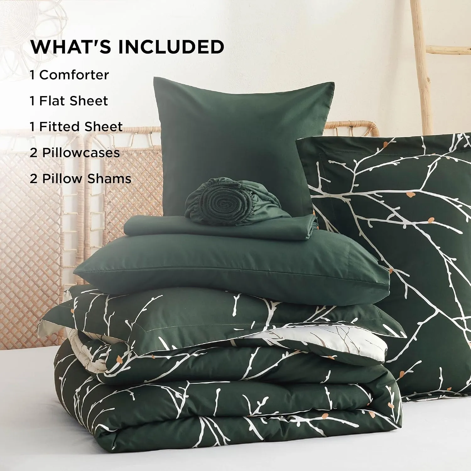 Bedsure Full Comforter Sets - 7 Pieces Floral Dark Green Bed Set, Tree Branch Pattern Printed Bed in a Bag Full with Comforter, Sheets, Pillowcases & Shams