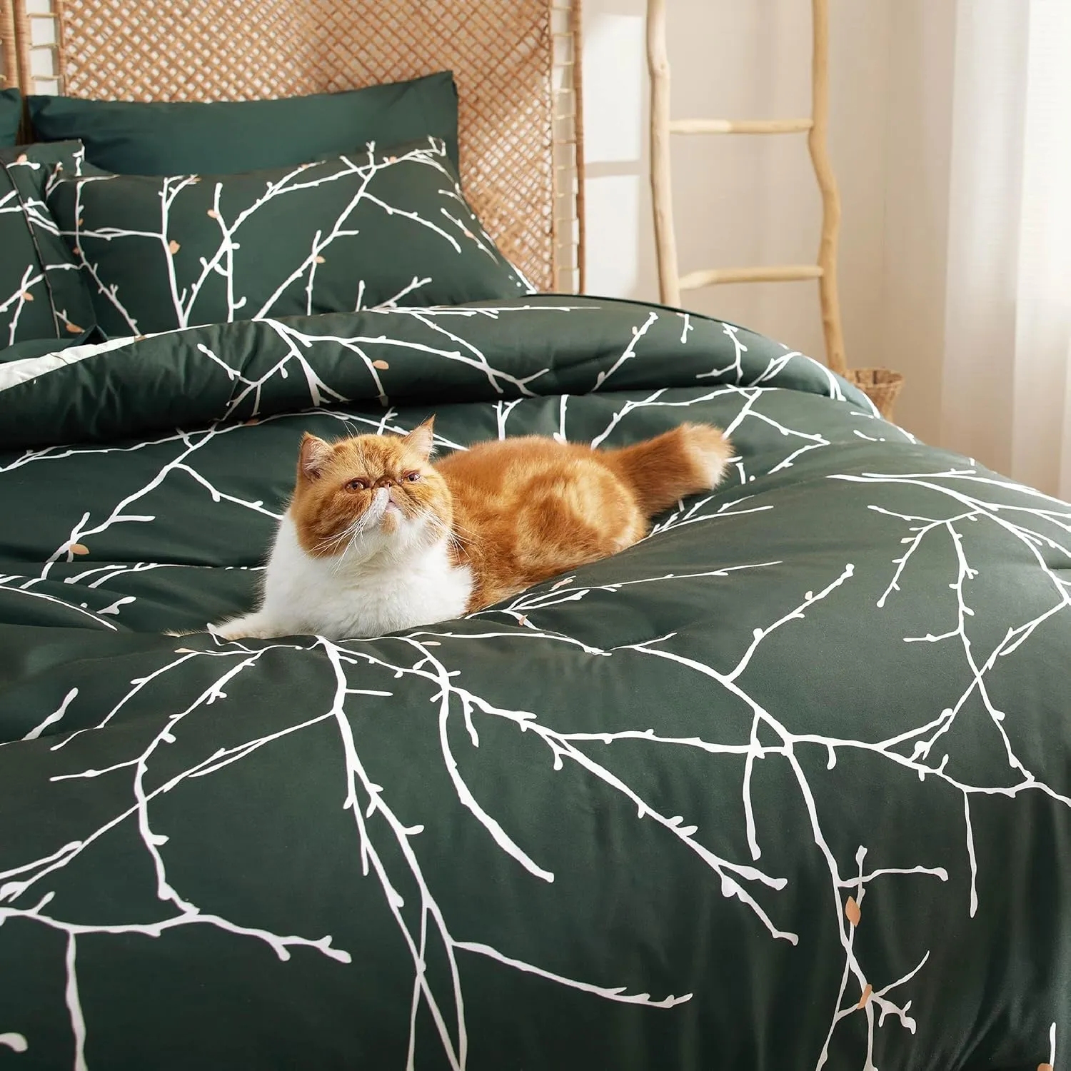 Bedsure Full Comforter Sets - 7 Pieces Floral Dark Green Bed Set, Tree Branch Pattern Printed Bed in a Bag Full with Comforter, Sheets, Pillowcases & Shams