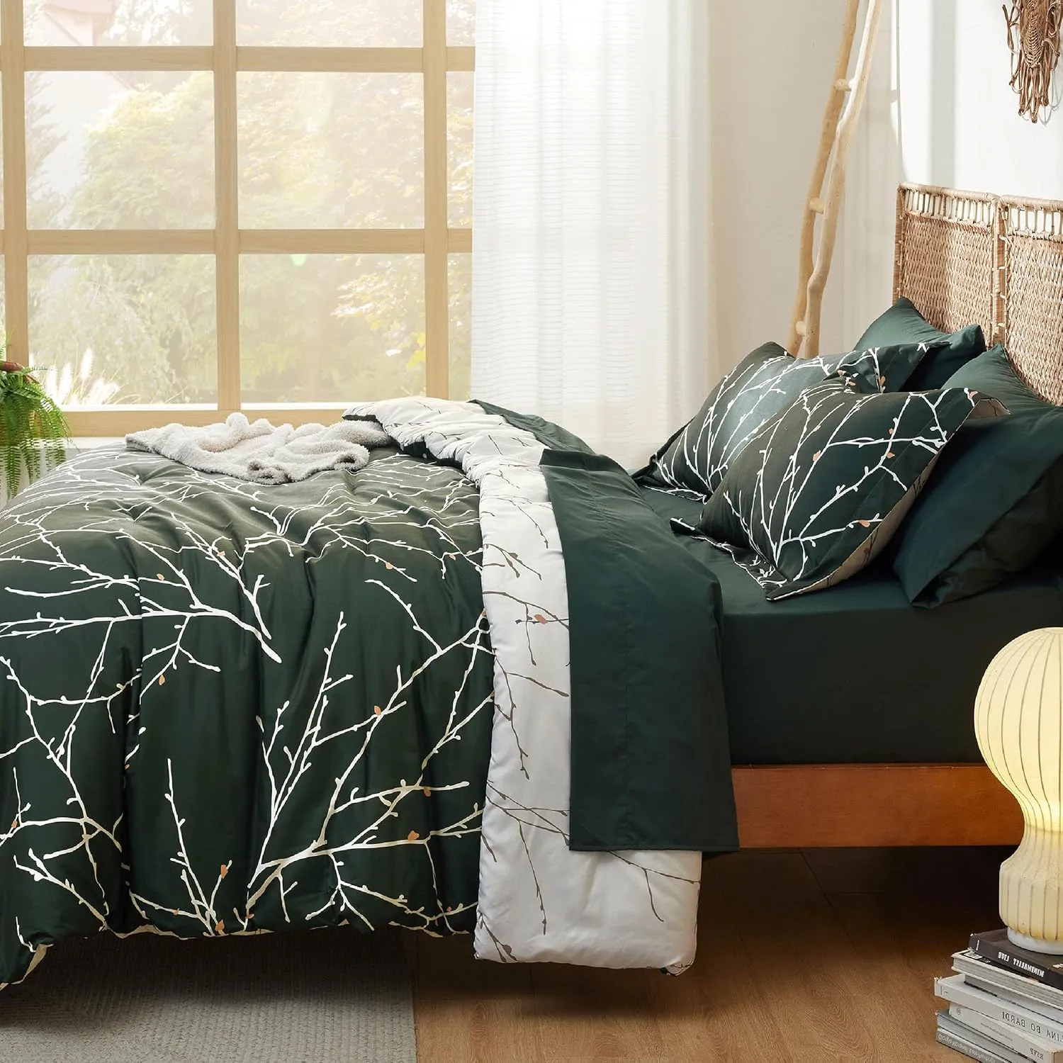 Bedsure Full Comforter Sets - 7 Pieces Floral Dark Green Bed Set, Tree Branch Pattern Printed Bed in a Bag Full with Comforter, Sheets, Pillowcases & Shams