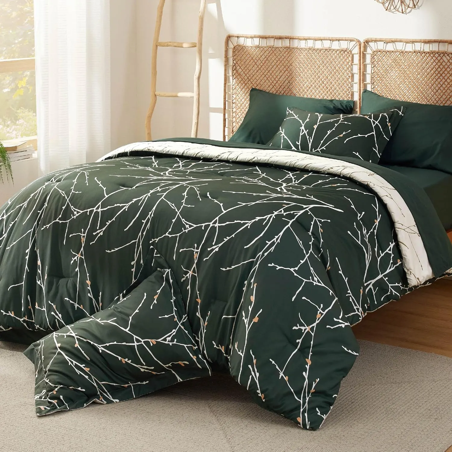 Bedsure Full Comforter Sets - 7 Pieces Floral Dark Green Bed Set, Tree Branch Pattern Printed Bed in a Bag Full with Comforter, Sheets, Pillowcases & Shams