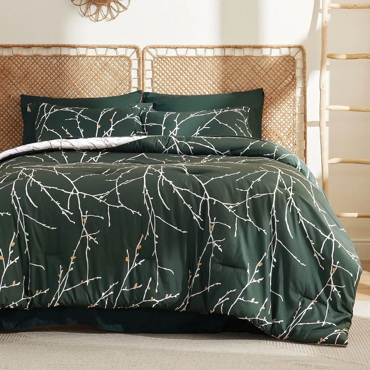 Bedsure Full Comforter Sets - 7 Pieces Floral Dark Green Bed Set, Tree Branch Pattern Printed Bed in a Bag Full with Comforter, Sheets, Pillowcases & Shams