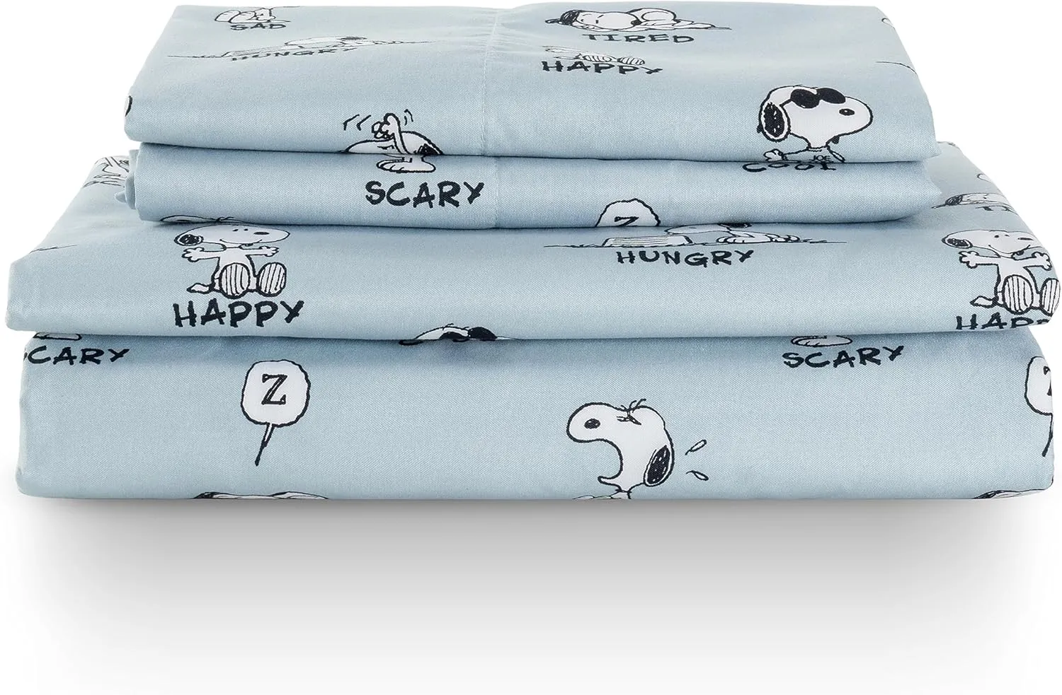 Berkshire Blanket Peanuts® Kids Sheet Set, Full Size - 4 Pieces, Peanuts® Snoopy Different Emotion Sheet Scale Murky Blue, Cute Character Snoopy Printed Soft Microfiber Bed Sheets