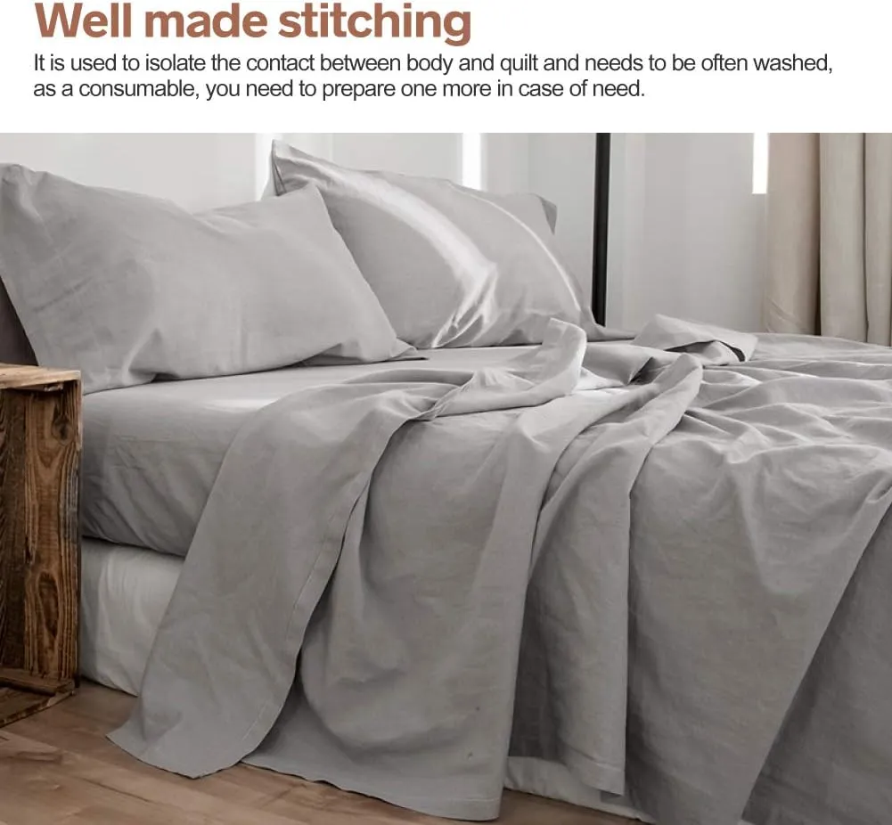 BISELINA Linen Sheet French Flax Flat Sheet Only 55% Euro Linen 45% Cotton Basic Style Solid Color Soft Breathable Farmhouse Top Sheet 1-Piece (Full, Grey)