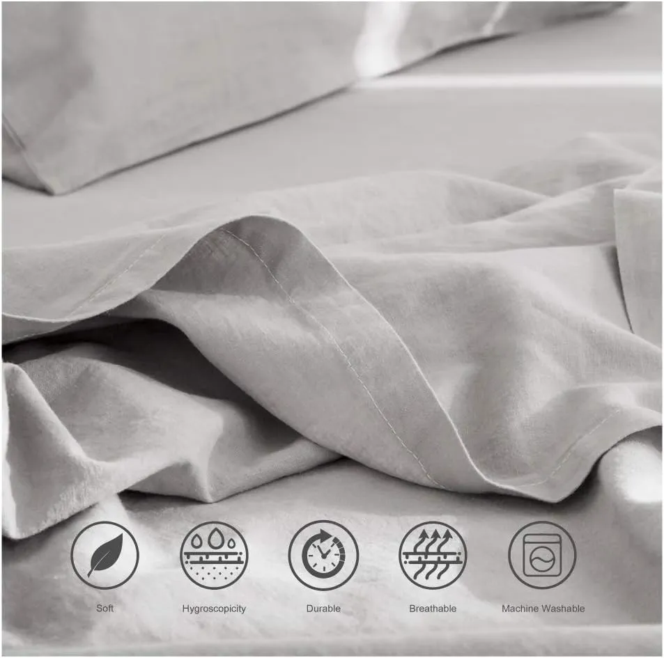 BISELINA Linen Sheet French Flax Flat Sheet Only 55% Euro Linen 45% Cotton Basic Style Solid Color Soft Breathable Farmhouse Top Sheet 1-Piece (Full, Grey)
