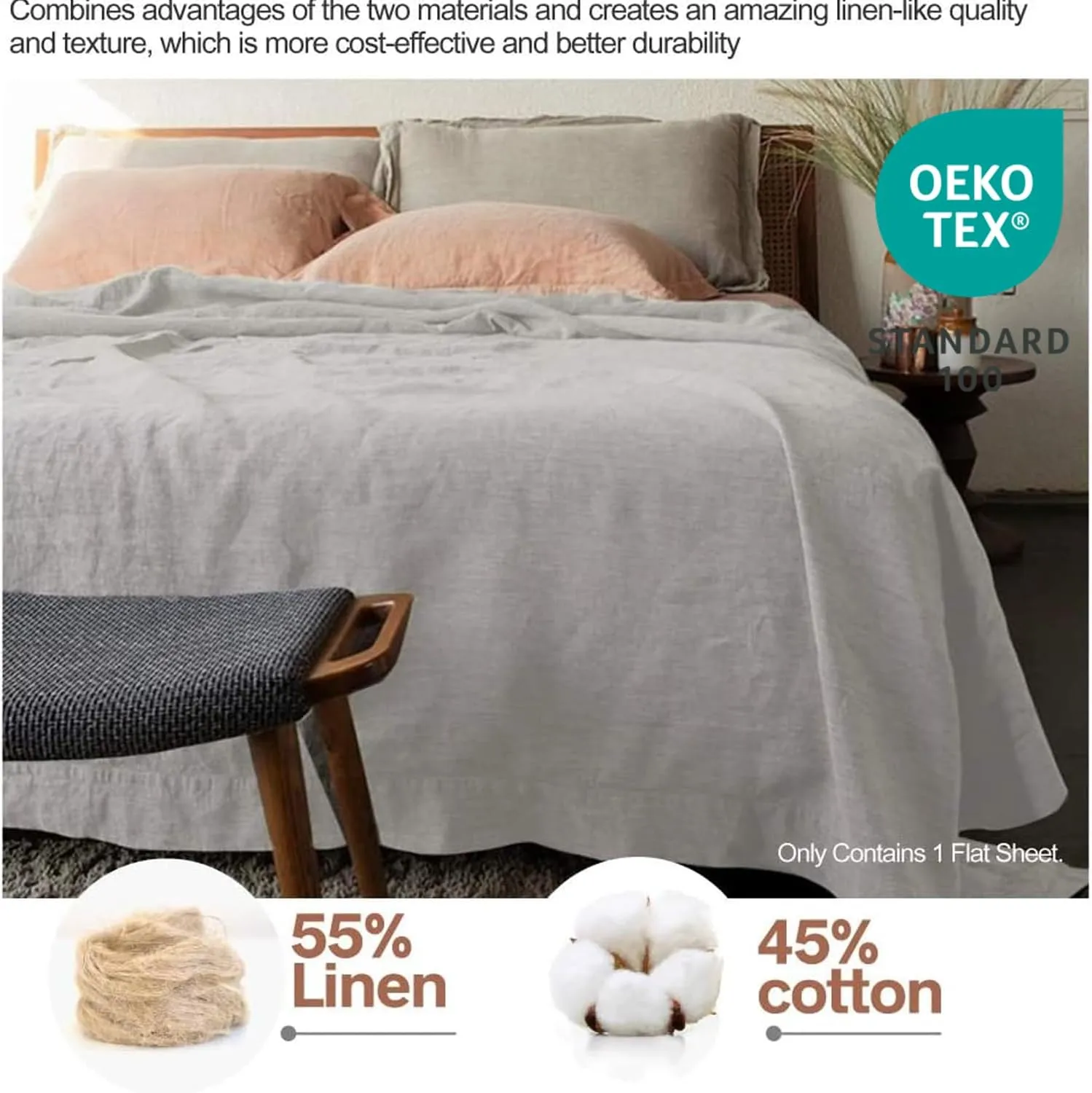 BISELINA Linen Sheet French Flax Flat Sheet Only 55% Euro Linen 45% Cotton Basic Style Solid Color Soft Breathable Farmhouse Top Sheet 1-Piece (Full, Grey)