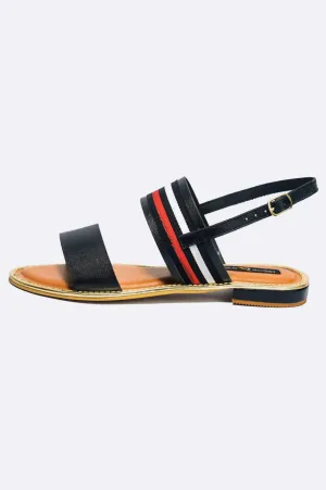 Black Leather Stripe Strap Sandals with Buckle