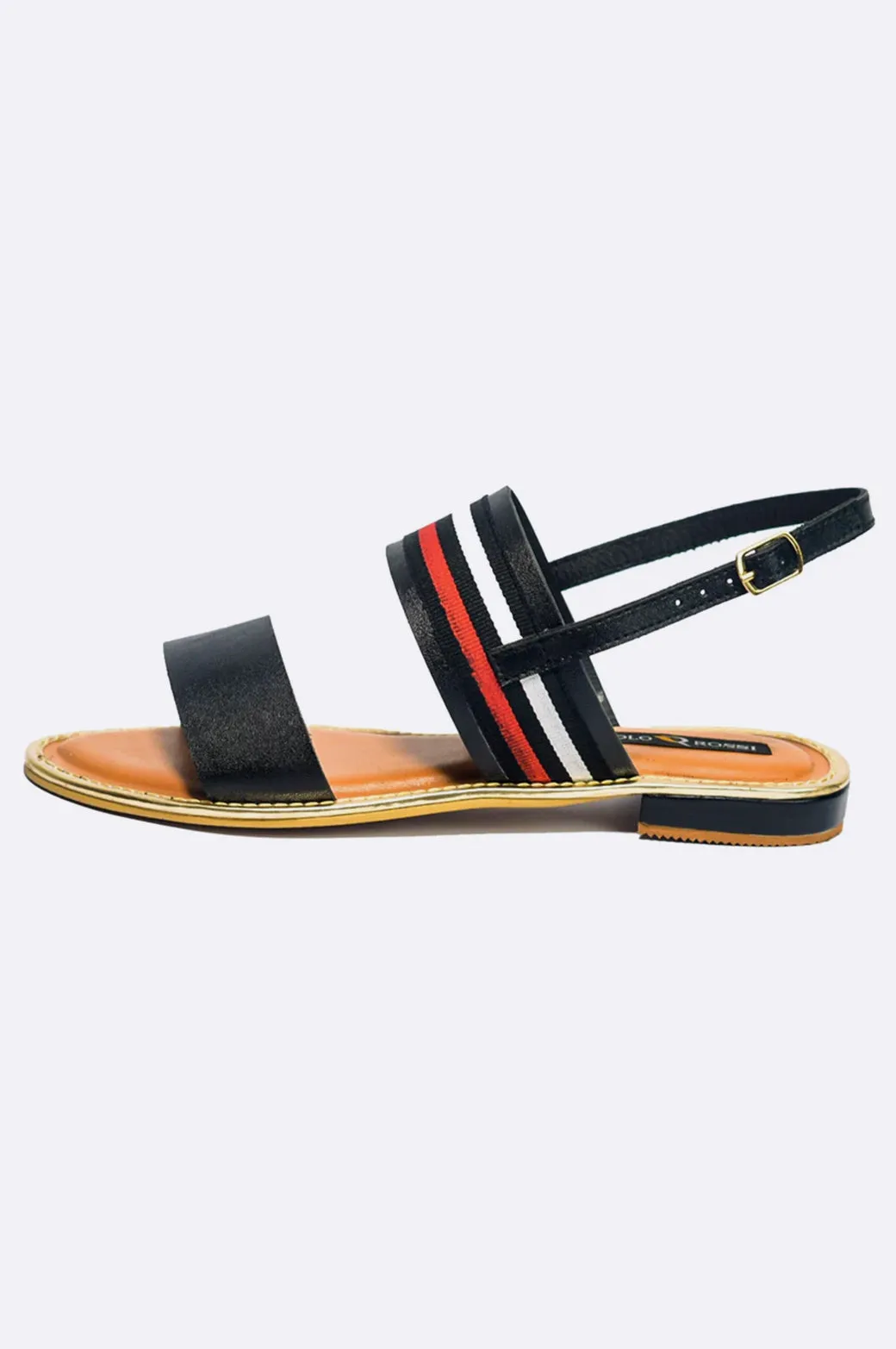 Black Leather Stripe Strap Sandals with Buckle