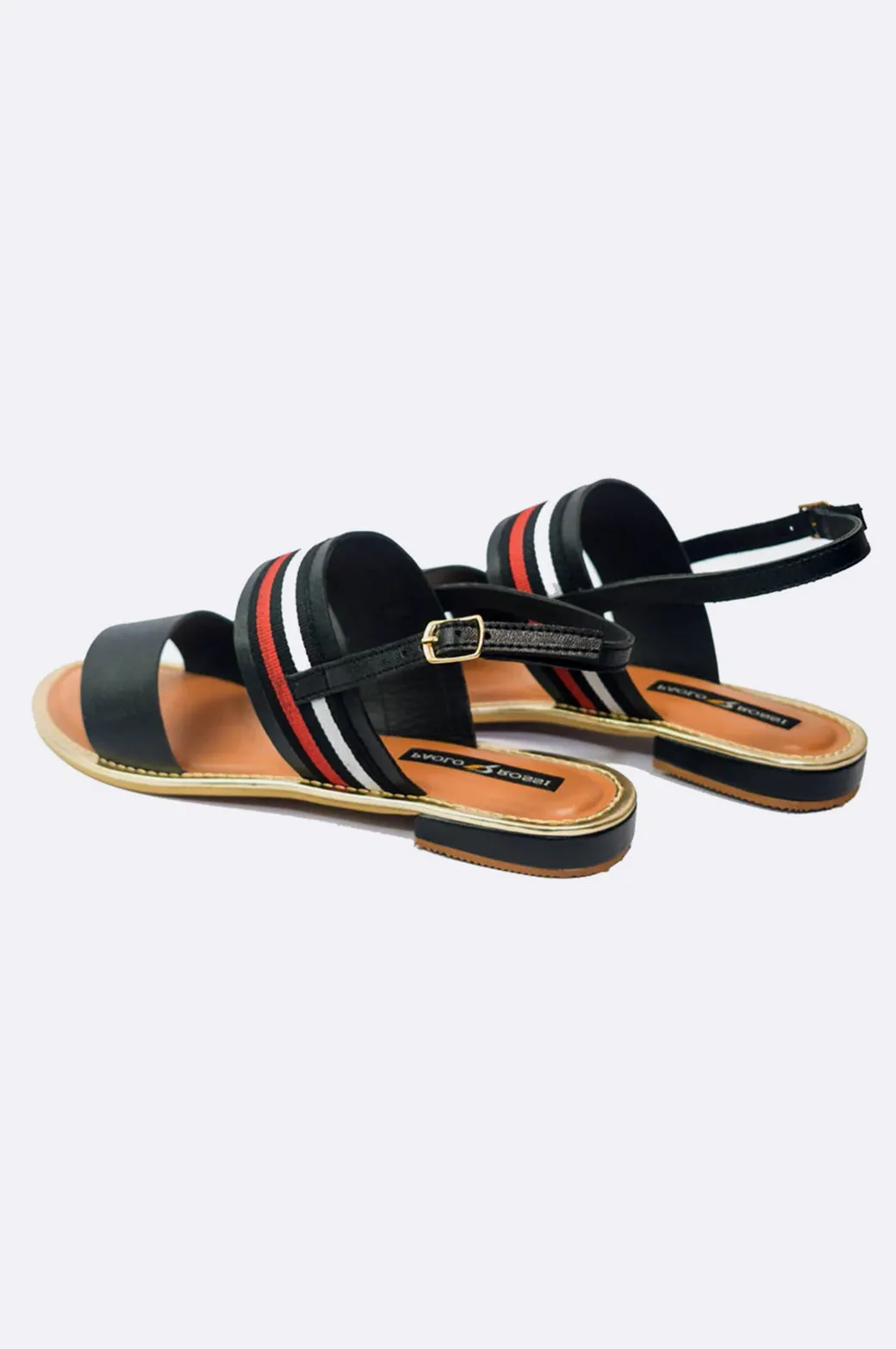 Black Leather Stripe Strap Sandals with Buckle