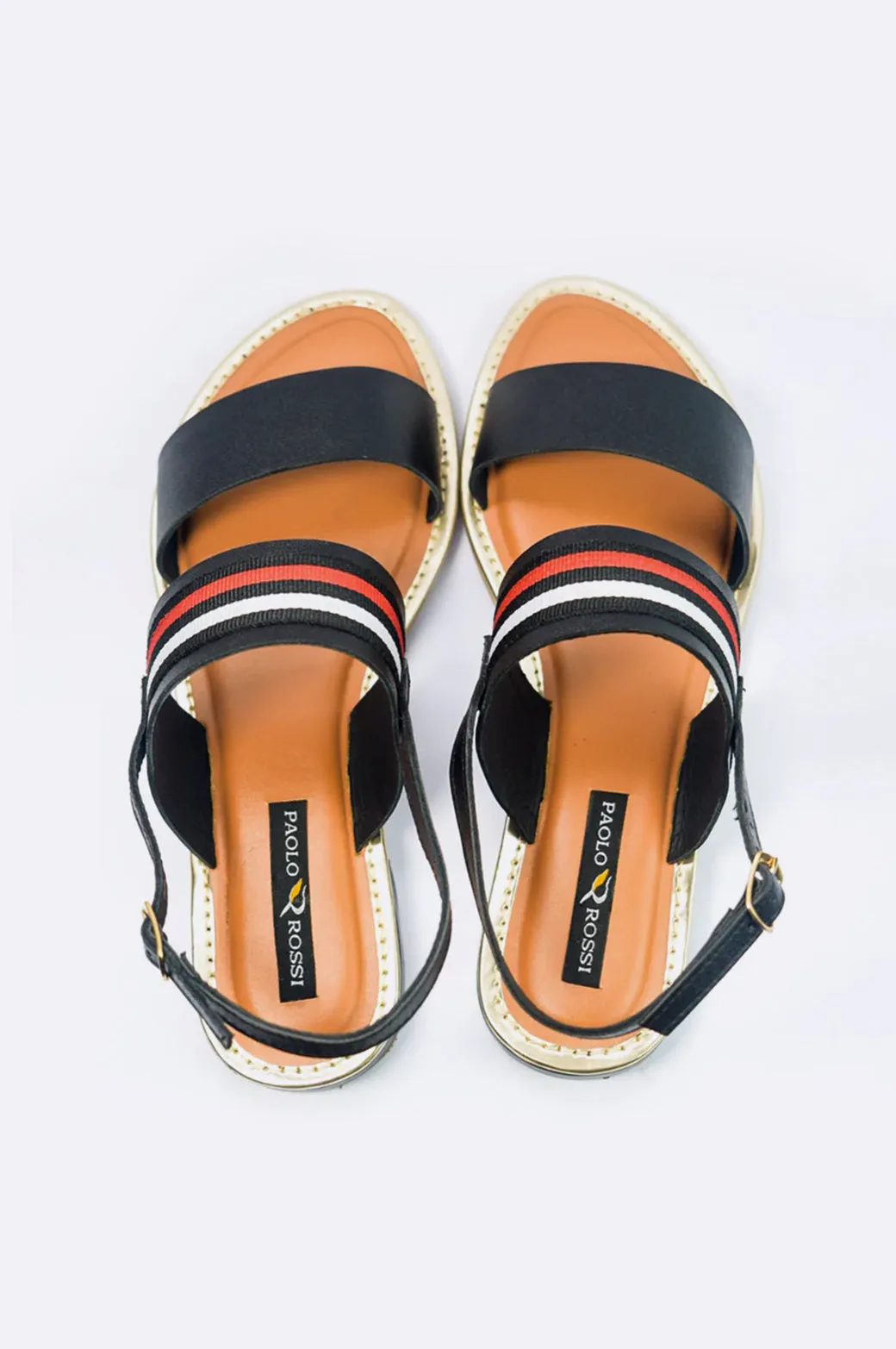 Black Leather Stripe Strap Sandals with Buckle