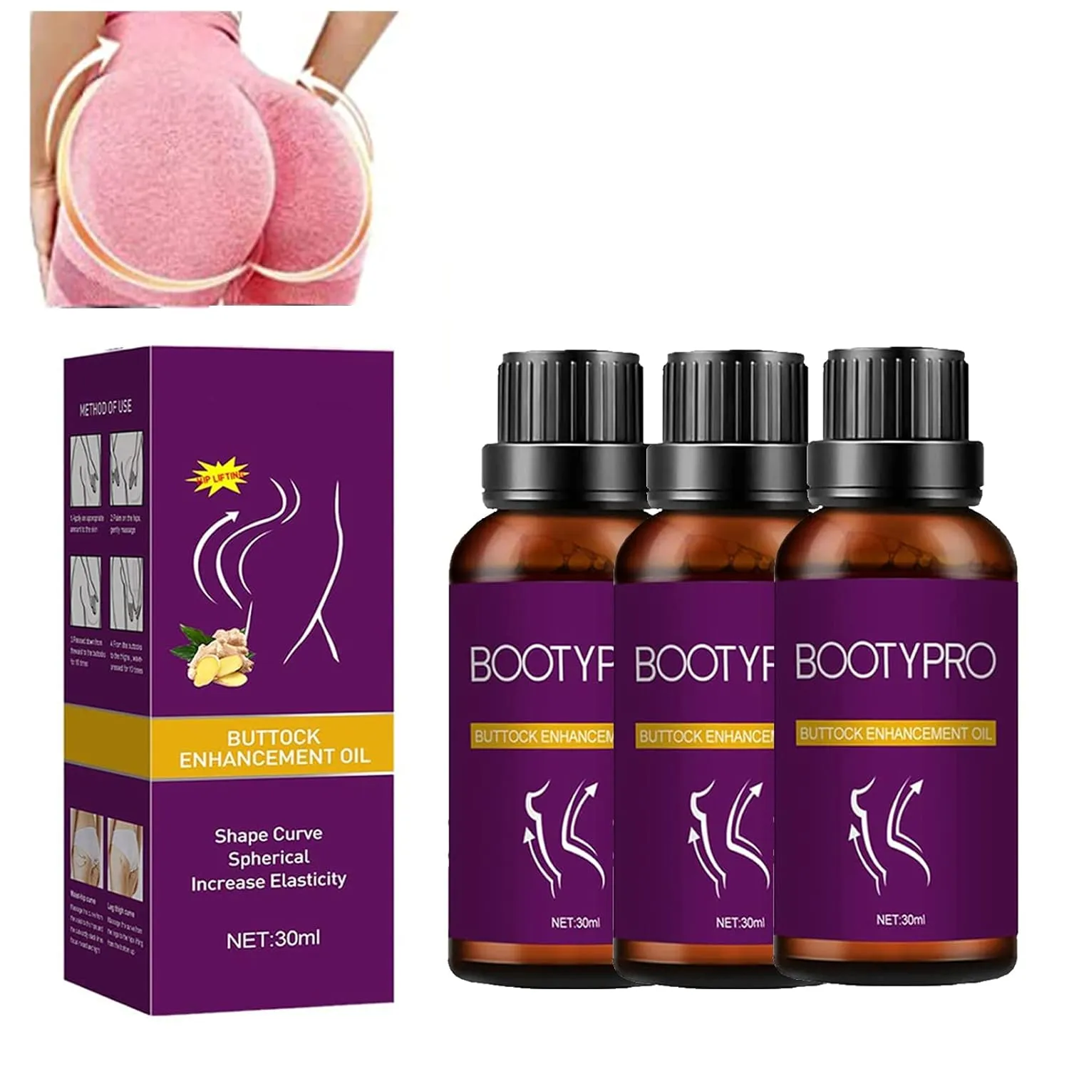 Bootypro Hip Lifting Massage Oil, Natural Herbal Hip Lift Up Massage Oil, Butt Firming Oil for Women, Buttock Lifting Essential Oil for Women 30ml (3 PCS)