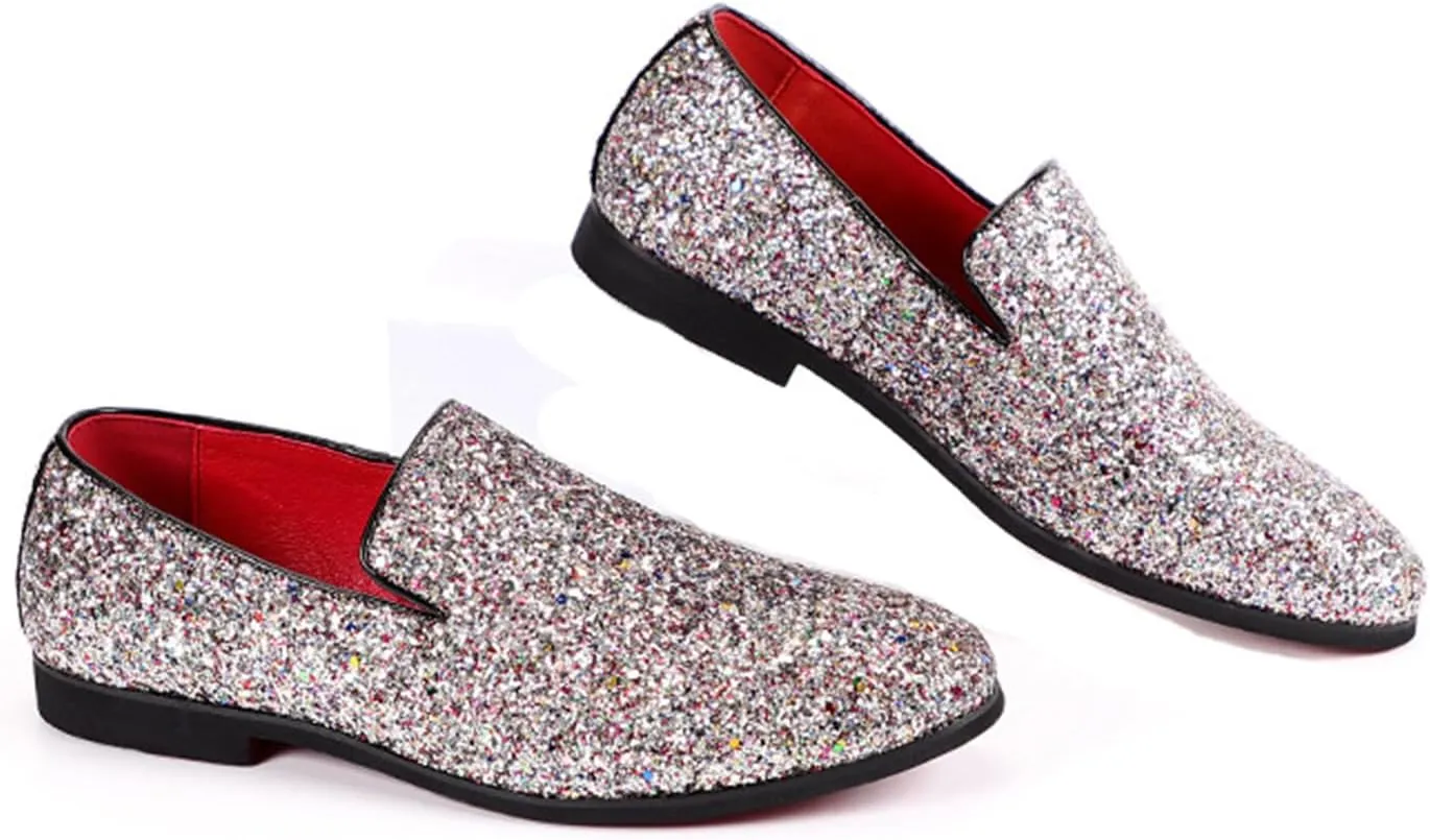 ByErz Mens Glitter Loafers Dress Slip on Party Wedding Penny Smoking Sparkly Shoes