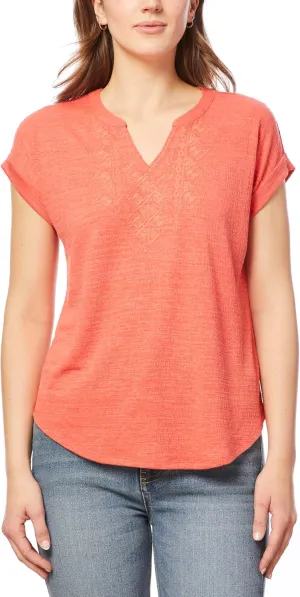Cable & Gauge Cap Sleeve Embroidered Split Neck Top