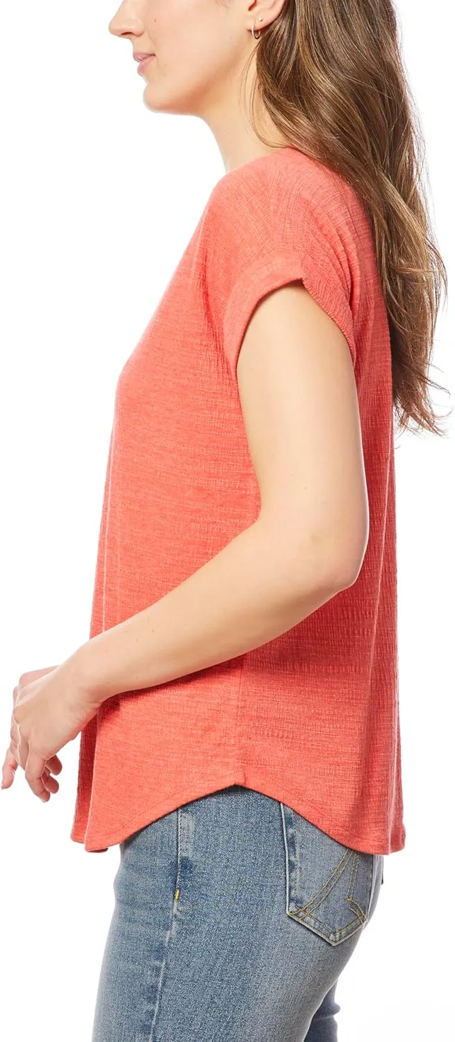 Cable & Gauge Cap Sleeve Embroidered Split Neck Top