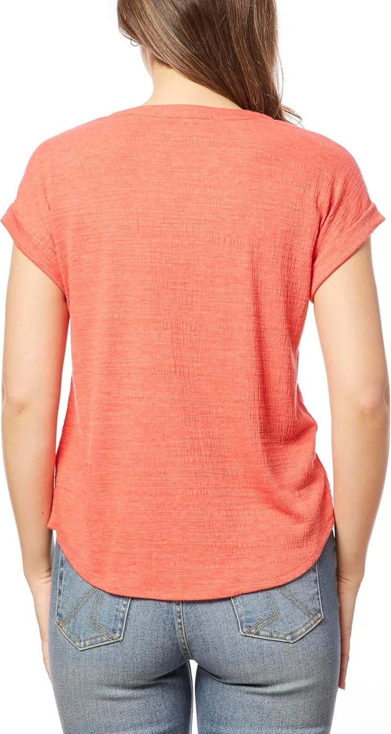 Cable & Gauge Cap Sleeve Embroidered Split Neck Top