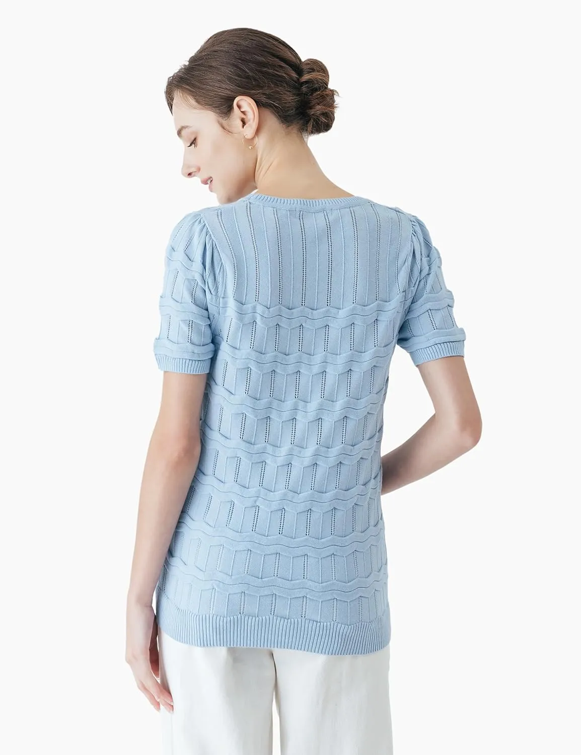 Cable Stitch Women's Ripple Stitch Short Sleeve Sweater - Crewneck Pointelle Knit Cotton Pullover Top