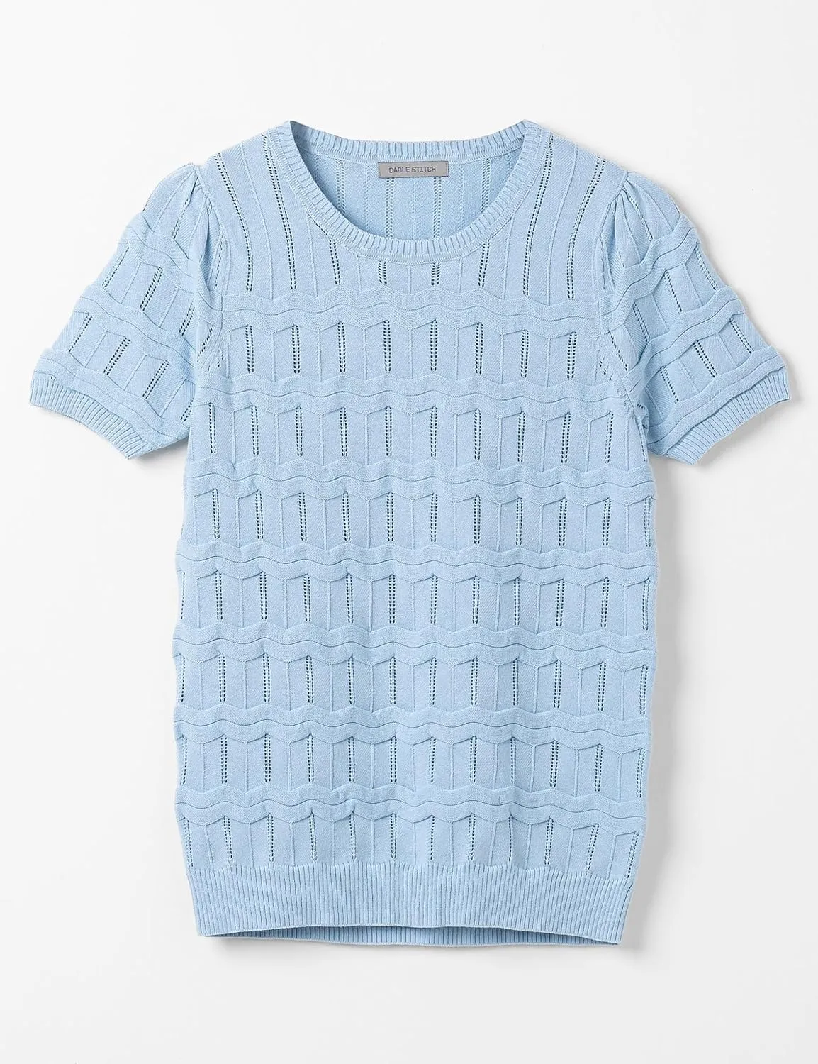 Cable Stitch Women's Ripple Stitch Short Sleeve Sweater - Crewneck Pointelle Knit Cotton Pullover Top