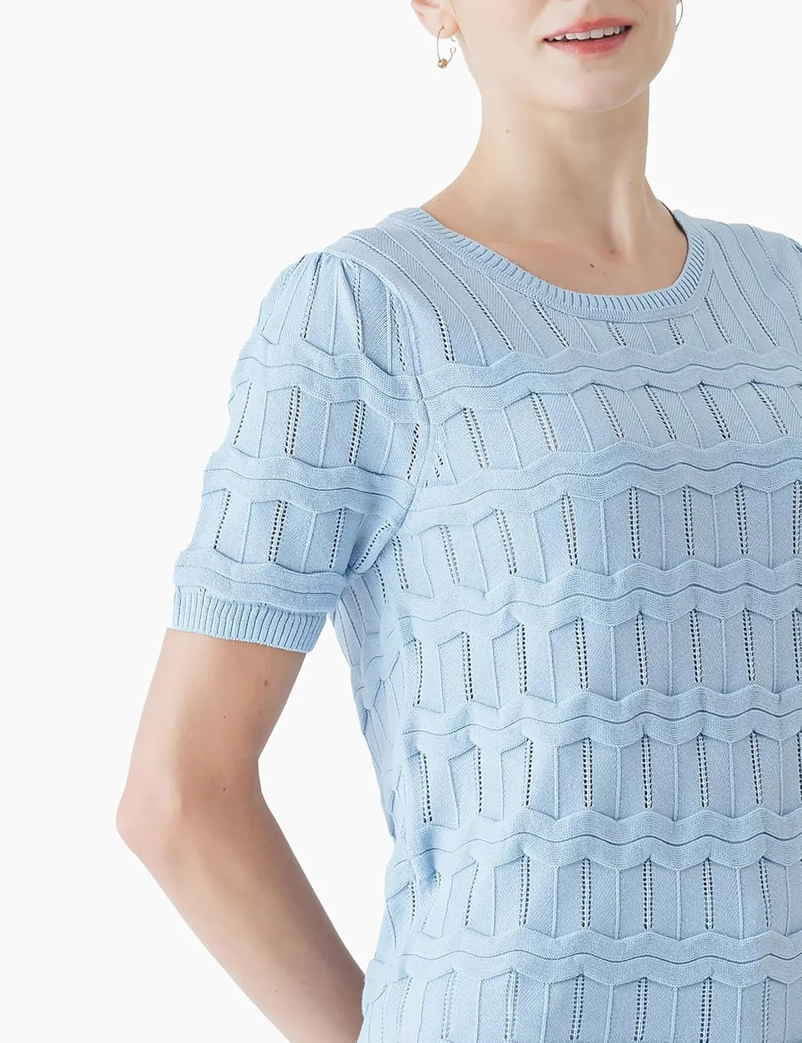 Cable Stitch Women's Ripple Stitch Short Sleeve Sweater - Crewneck Pointelle Knit Cotton Pullover Top