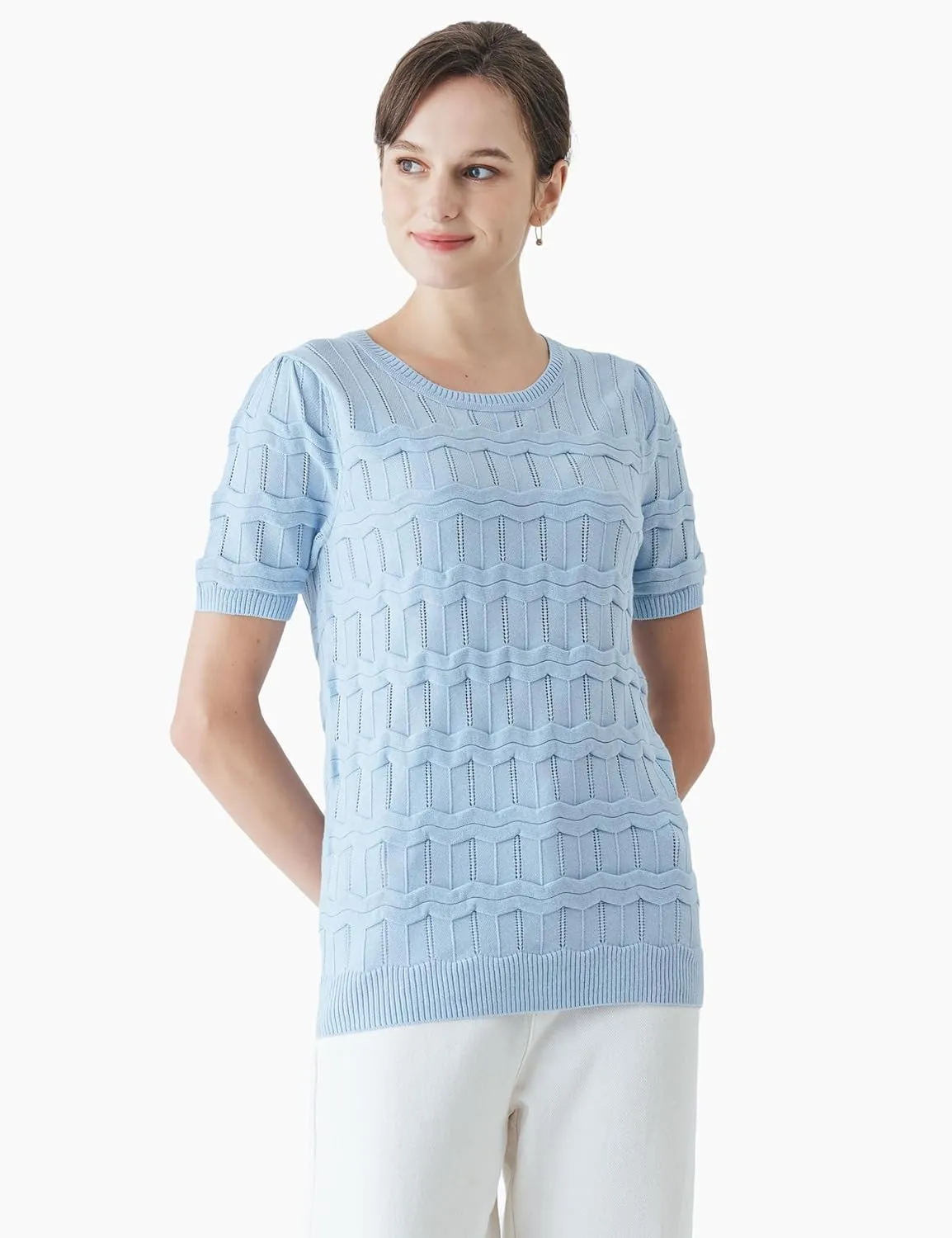 Cable Stitch Women's Ripple Stitch Short Sleeve Sweater - Crewneck Pointelle Knit Cotton Pullover Top
