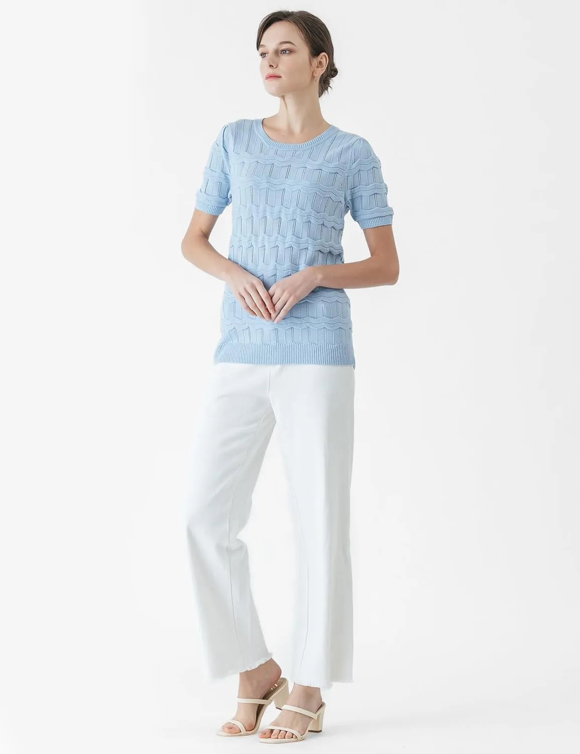 Cable Stitch Women's Ripple Stitch Short Sleeve Sweater - Crewneck Pointelle Knit Cotton Pullover Top