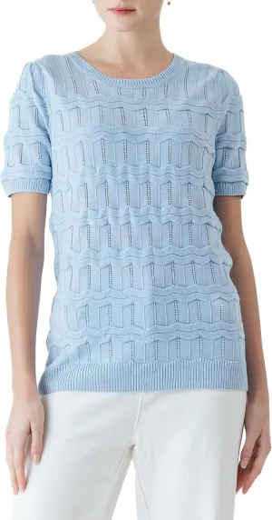 Cable Stitch Women's Ripple Stitch Short Sleeve Sweater - Crewneck Pointelle Knit Cotton Pullover Top