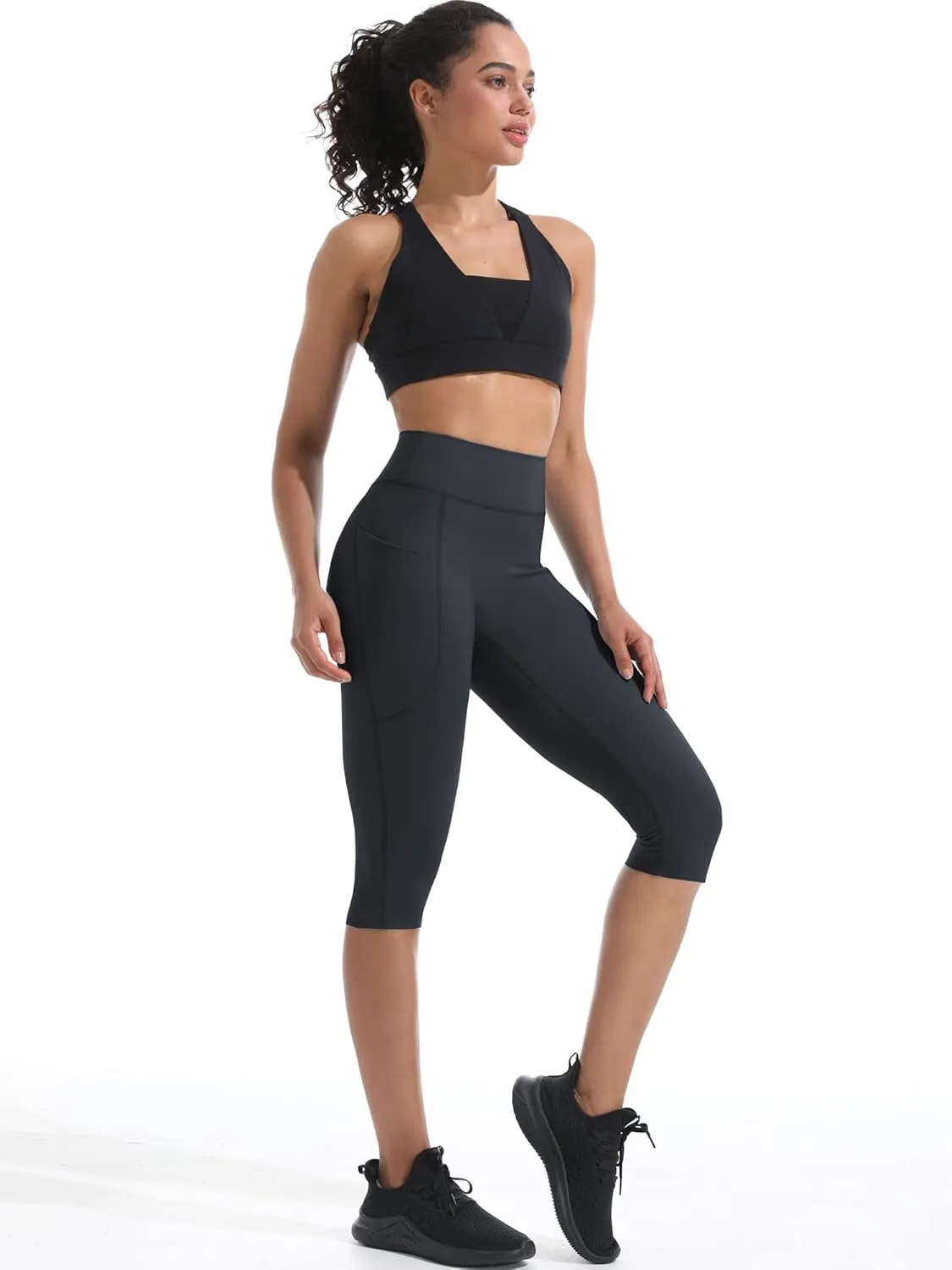 CADMUS Womens High Waist Workout Legging Capris for Yoga w Side Pockets