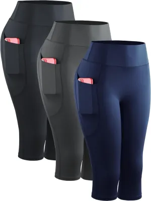 CADMUS Womens High Waist Workout Legging Capris for Yoga w Side Pockets