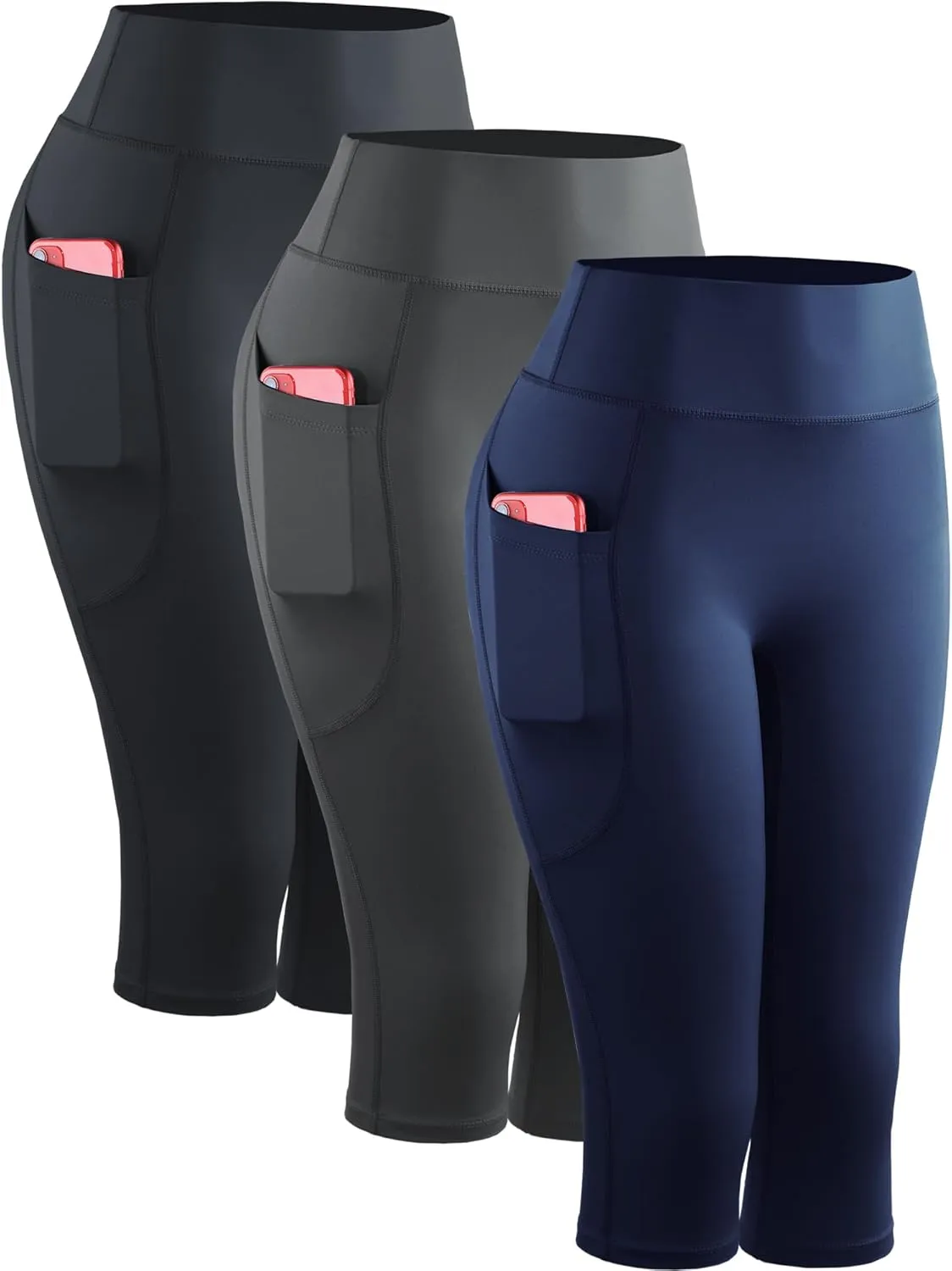 CADMUS Womens High Waist Workout Legging Capris for Yoga w Side Pockets