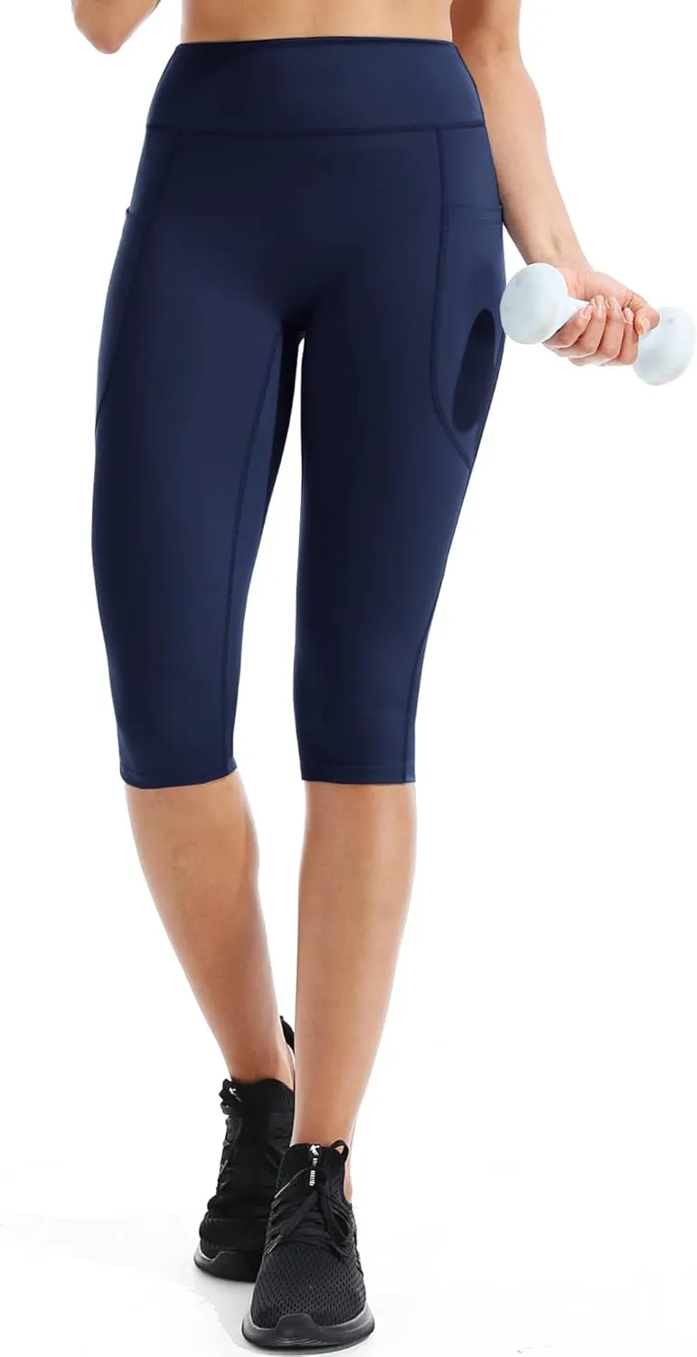 CADMUS Womens High Waist Workout Legging Capris for Yoga w Side Pockets