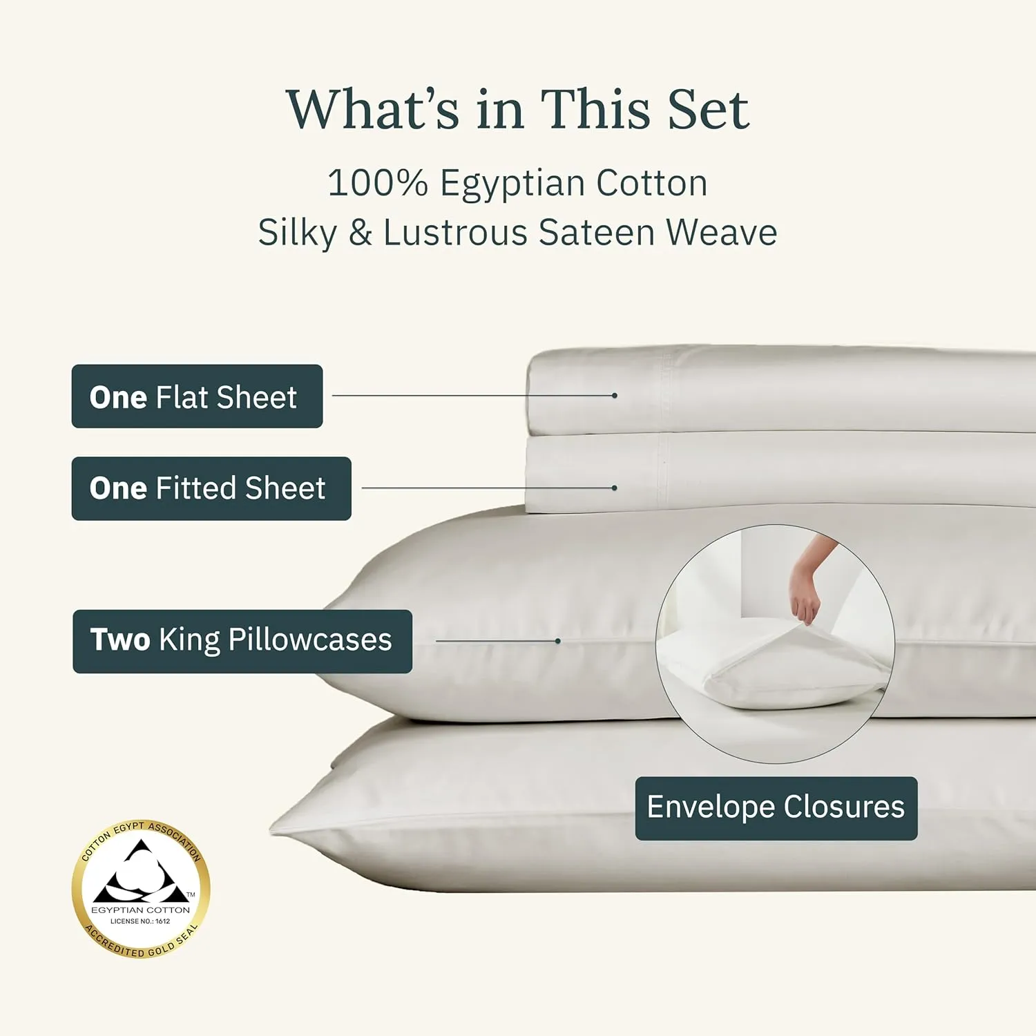 California Design Den Certified Luxury 100% Egyptian Cotton Bed Sheets - King Sheets Set with Deep Pockets, Sateen Weave, Cool and Durable Luxury Bedding Set - Creamy Ivory