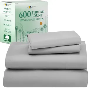 California Design Den - Luxury Full Size Sheet Set - 100% Cotton, 600 Thread Count Deep Pocket Full Size Bed Sheets, Hotel-Quality Cooling Sheets, Sateen Weave - Light Grey