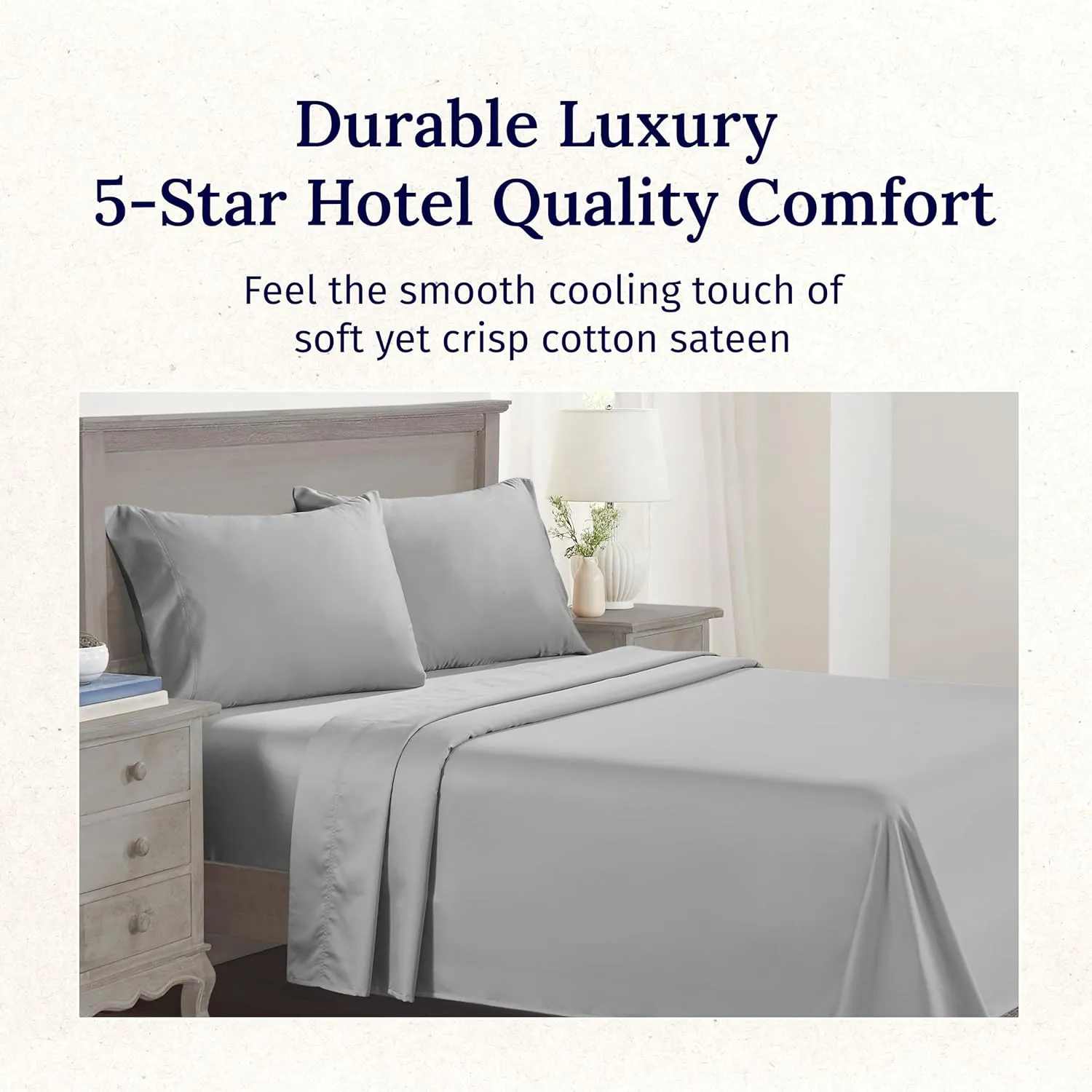 California Design Den - Luxury Full Size Sheet Set - 100% Cotton, 600 Thread Count Deep Pocket Full Size Bed Sheets, Hotel-Quality Cooling Sheets, Sateen Weave - Light Grey