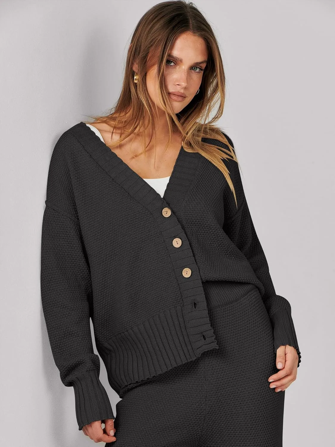 Caracilia Womens 2 Piece Outfits Lounge Set V Neck Cardigan Sweater Pants Sets Knit Matching Loungewear 2024 Fall Clothes