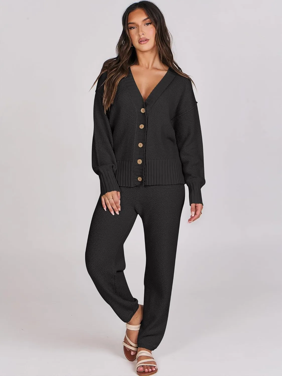 Caracilia Womens 2 Piece Outfits Lounge Set V Neck Cardigan Sweater Pants Sets Knit Matching Loungewear 2024 Fall Clothes