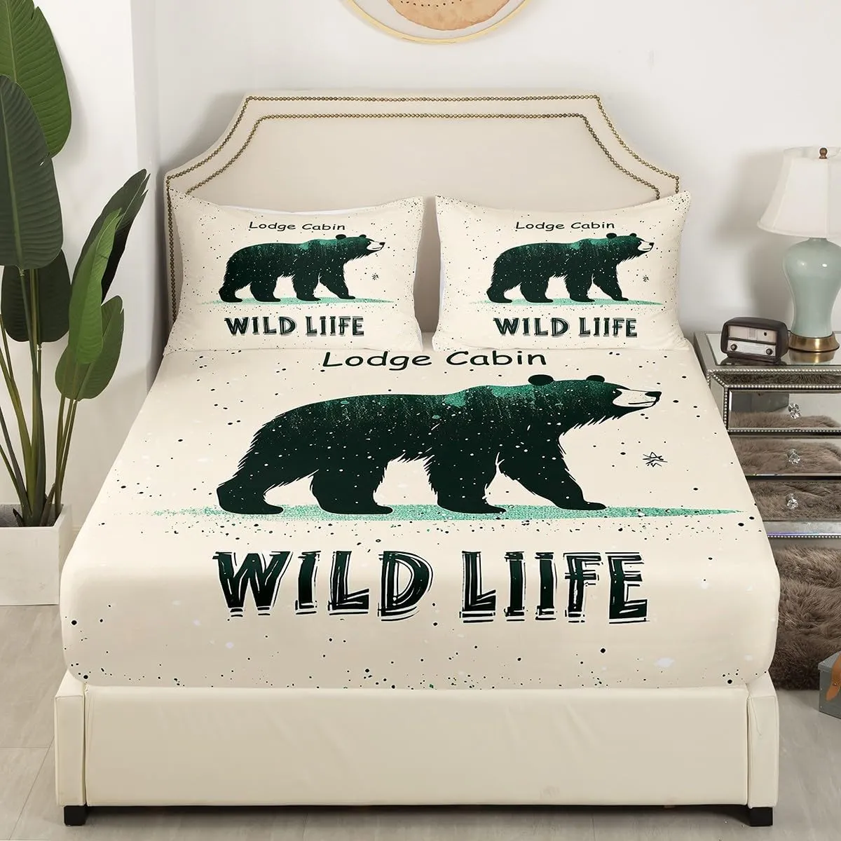 Cartoon Bear Bedsheets Queen Size 4 Pcs,Cute Black Green Graffiti Wild Animal Bedding Set for Kids Boys Girls Teens,Lodge Cabin Jungle Farmhouse Style Sheet Set with Flat,Fitted Sheet,2 Pillowcases