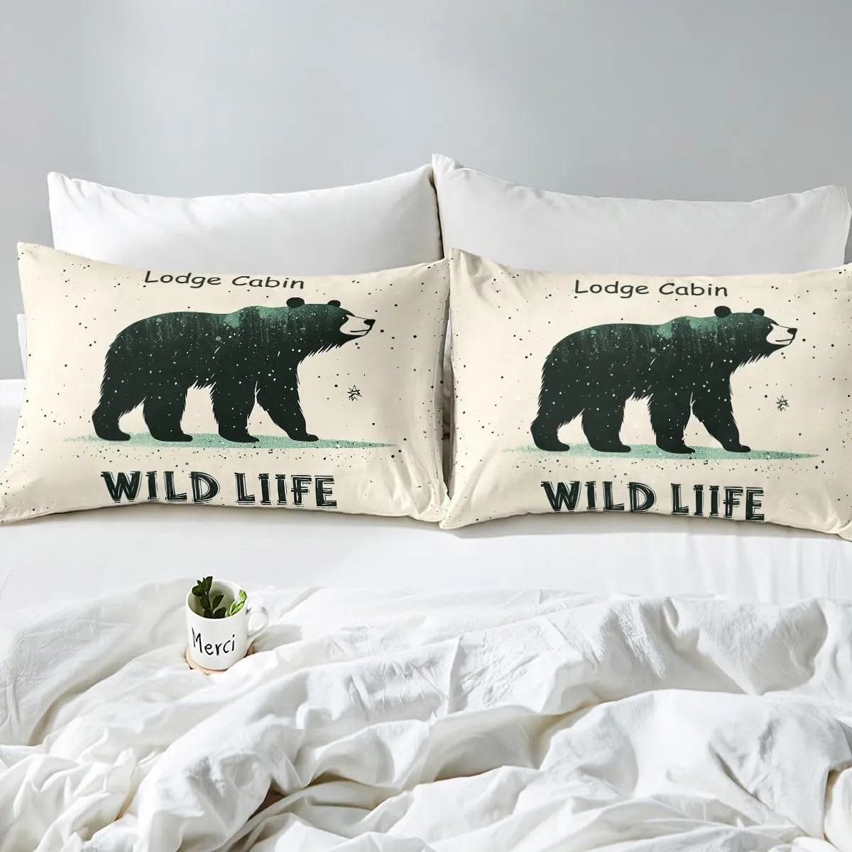 Cartoon Bear Bedsheets Queen Size 4 Pcs,Cute Black Green Graffiti Wild Animal Bedding Set for Kids Boys Girls Teens,Lodge Cabin Jungle Farmhouse Style Sheet Set with Flat,Fitted Sheet,2 Pillowcases