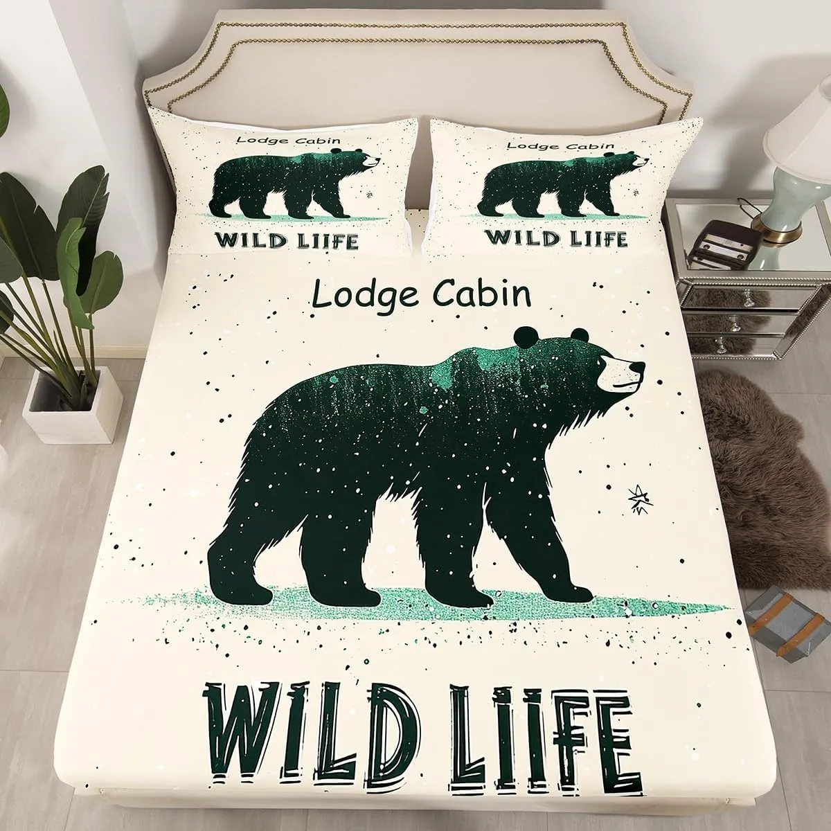 Cartoon Bear Bedsheets Queen Size 4 Pcs,Cute Black Green Graffiti Wild Animal Bedding Set for Kids Boys Girls Teens,Lodge Cabin Jungle Farmhouse Style Sheet Set with Flat,Fitted Sheet,2 Pillowcases