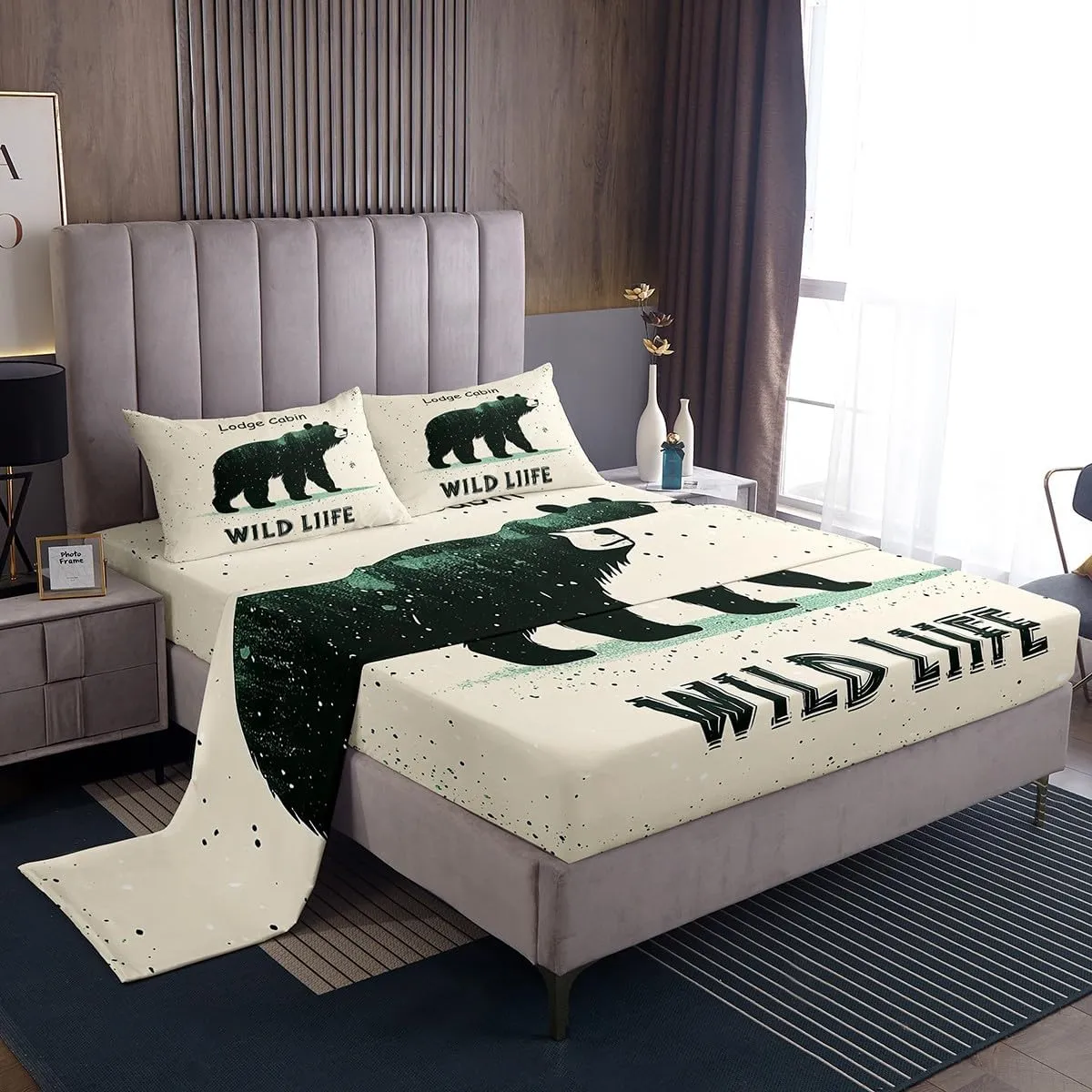 Cartoon Bear Bedsheets Queen Size 4 Pcs,Cute Black Green Graffiti Wild Animal Bedding Set for Kids Boys Girls Teens,Lodge Cabin Jungle Farmhouse Style Sheet Set with Flat,Fitted Sheet,2 Pillowcases