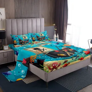 Cartoon Pirate Ship Sheet Set Twin Size Marine Adventure Bedding Set 3Pcs Underwater Fish Bed Sheet for Kids Girls Boys Teens Cute Octopus Jellyfish Fitted   Flat Sheet,1 Pillowcase