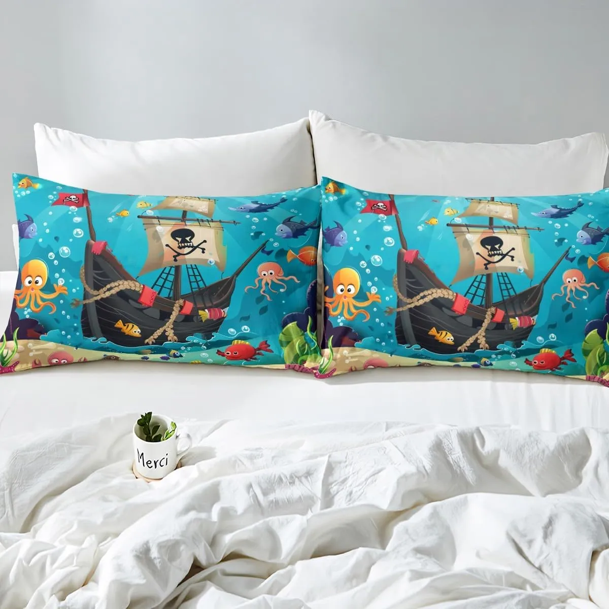 Cartoon Pirate Ship Sheet Set Twin Size Marine Adventure Bedding Set 3Pcs Underwater Fish Bed Sheet for Kids Girls Boys Teens Cute Octopus Jellyfish Fitted   Flat Sheet,1 Pillowcase