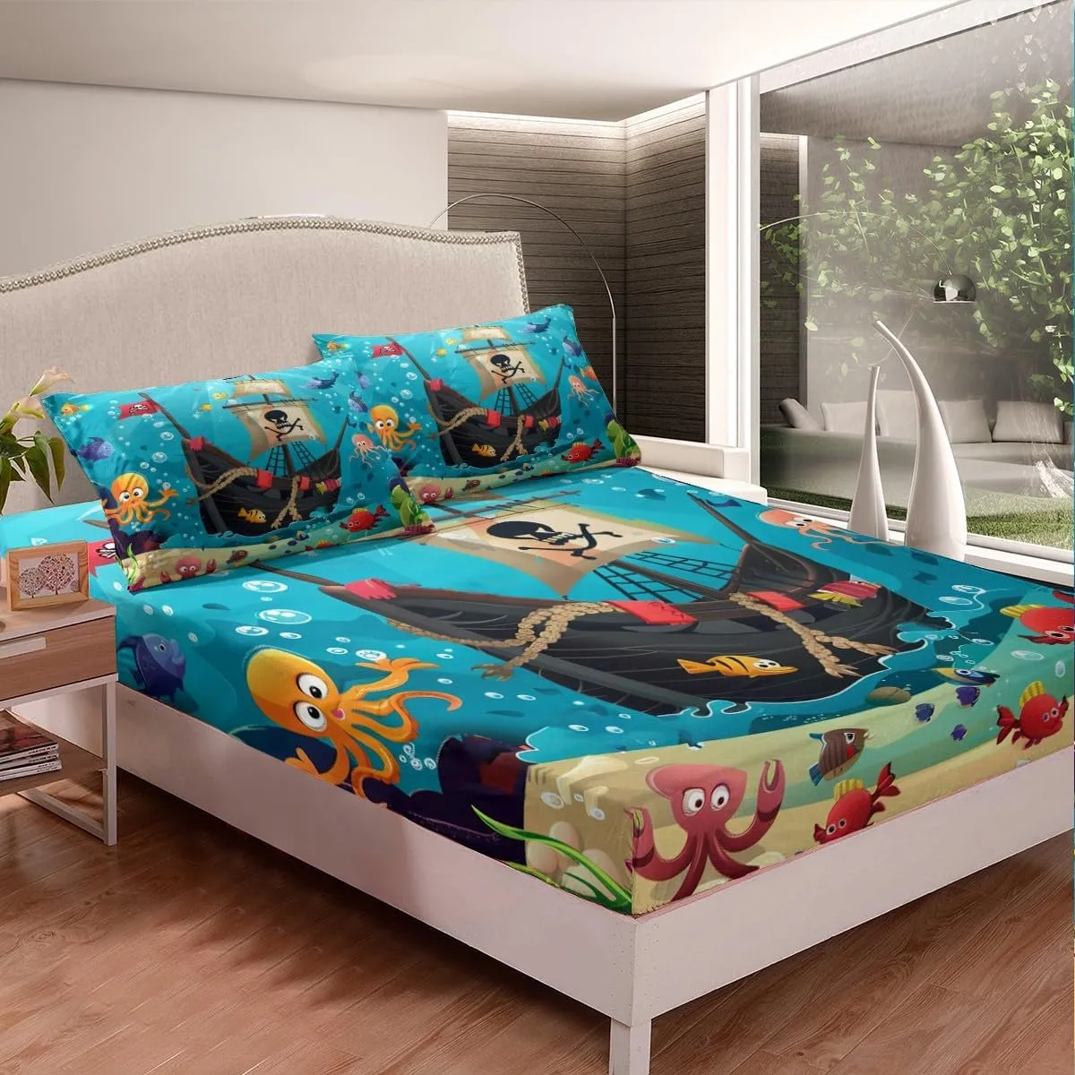 Cartoon Pirate Ship Sheet Set Twin Size Marine Adventure Bedding Set 3Pcs Underwater Fish Bed Sheet for Kids Girls Boys Teens Cute Octopus Jellyfish Fitted   Flat Sheet,1 Pillowcase