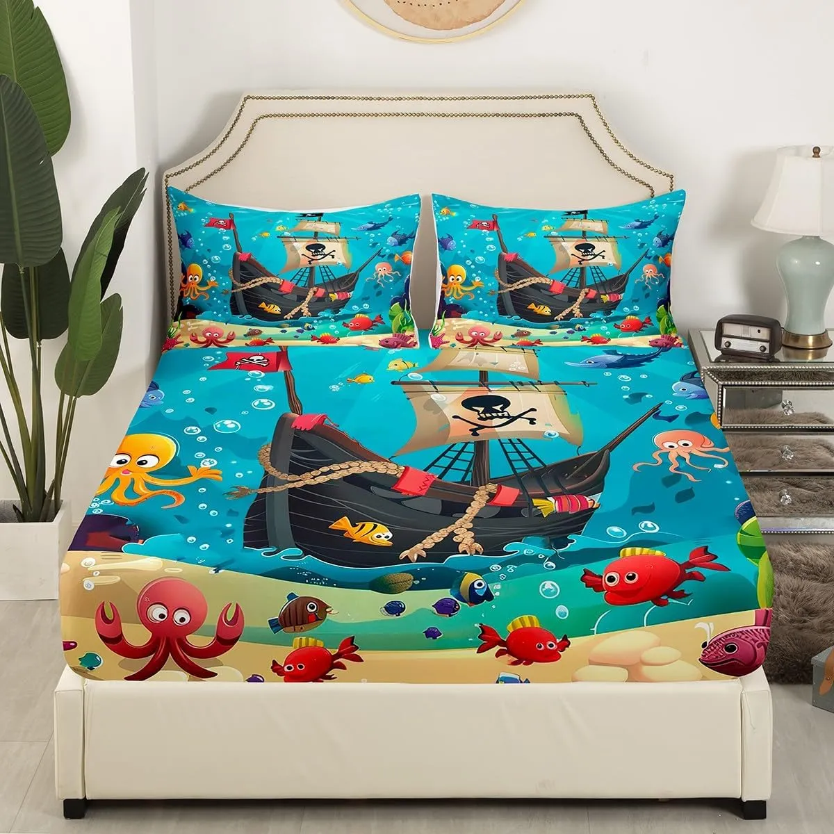 Cartoon Pirate Ship Sheet Set Twin Size Marine Adventure Bedding Set 3Pcs Underwater Fish Bed Sheet for Kids Girls Boys Teens Cute Octopus Jellyfish Fitted   Flat Sheet,1 Pillowcase