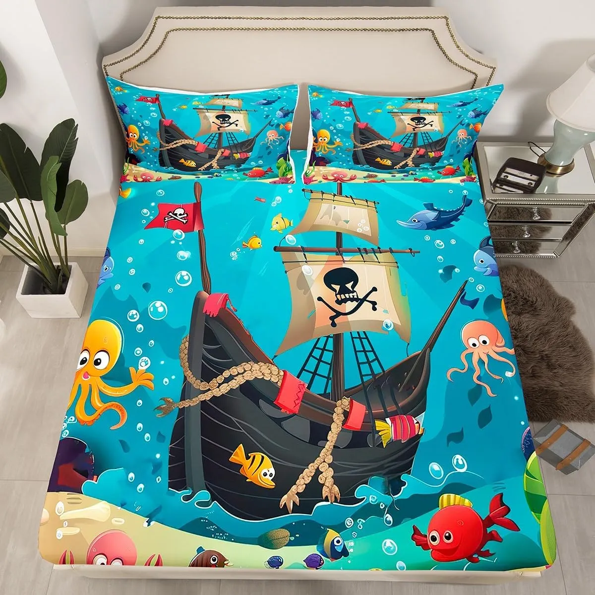 Cartoon Pirate Ship Sheet Set Twin Size Marine Adventure Bedding Set 3Pcs Underwater Fish Bed Sheet for Kids Girls Boys Teens Cute Octopus Jellyfish Fitted   Flat Sheet,1 Pillowcase