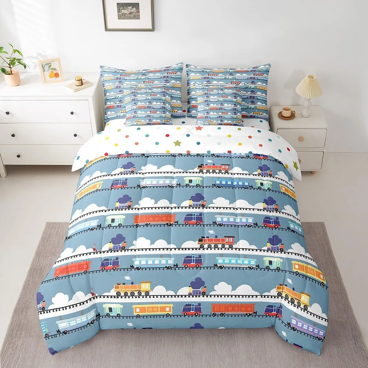 Cartoon Train Bed in a Bag 7 Pieces Steam Engine Bedding Set, Kids Car Theme Queen Size Comforter Set for Boys Girls Blue and White Bedding Comforter Sets, Equipped Construction Truck Tractor Bed Set