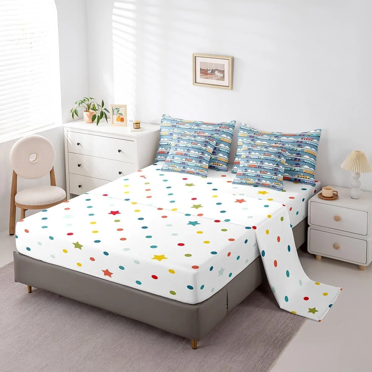 Cartoon Train Bed in a Bag 7 Pieces Steam Engine Bedding Set, Kids Car Theme Queen Size Comforter Set for Boys Girls Blue and White Bedding Comforter Sets, Equipped Construction Truck Tractor Bed Set